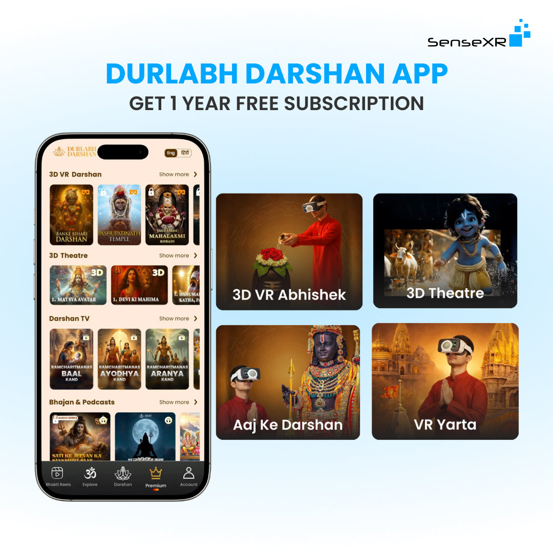 Promotional graphic for the Durlabh Darshan App by SenseXR, showing a smartphone mockup with the app interface and four feature tiles for 3D VR Abhishek, 3D Theatre, Aaj Ke Darshan, and VR Yarta on a light blue gradient background.