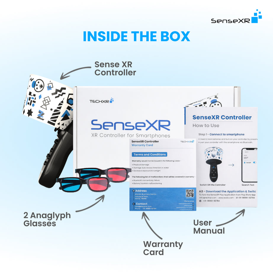 SenseXR XR Controller for Smartphones shown with its retail box, user manual, warranty card, 3D glasses, and controller on a light blue background with text labels indicating included items.