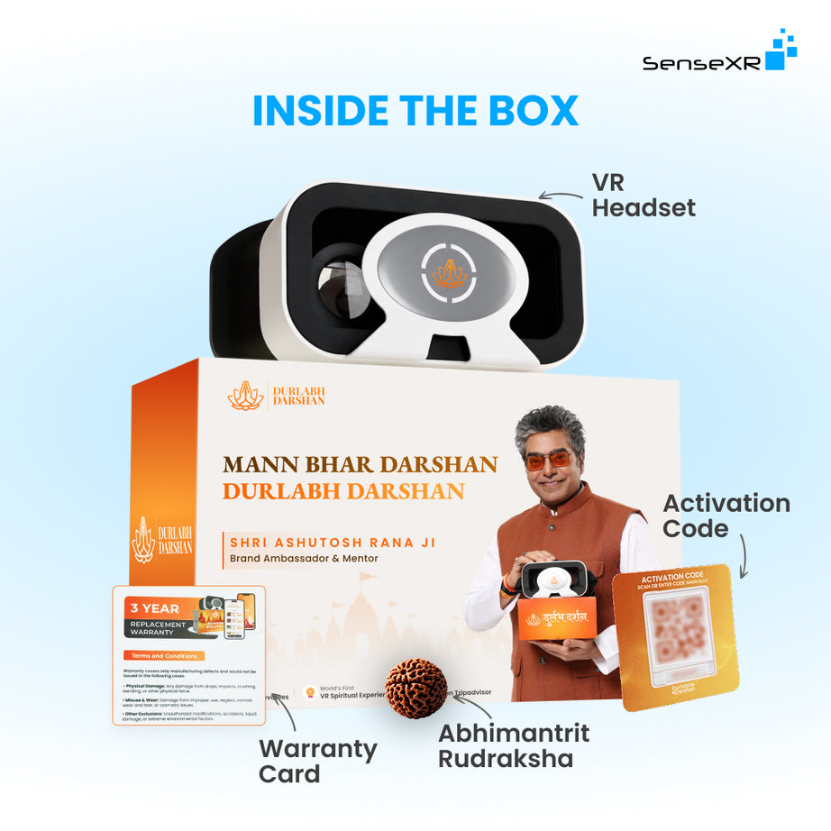 Promotional graphic for SenseXR showing a VR headset above its branded box, with callout labels reading 'INSIDE THE BOX,' 'VR Headset,' 'Activation Code,' 'Warranty Card,' and 'Abhimanit Rudraksha.' The box includes orange and white panels with SenseXR branding and event text.